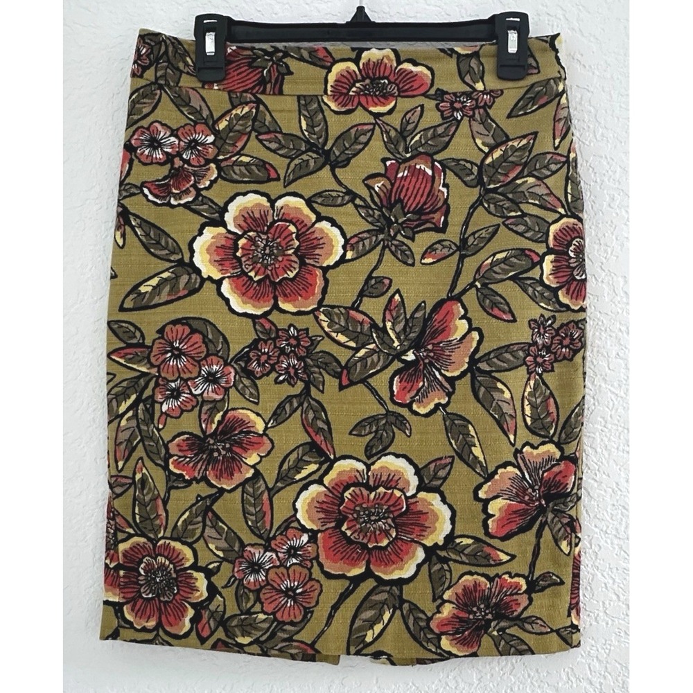 LOFT‎ Forrest Fairy Floral Cotton Jacquard Pencil Skirt 6 Olive Granny